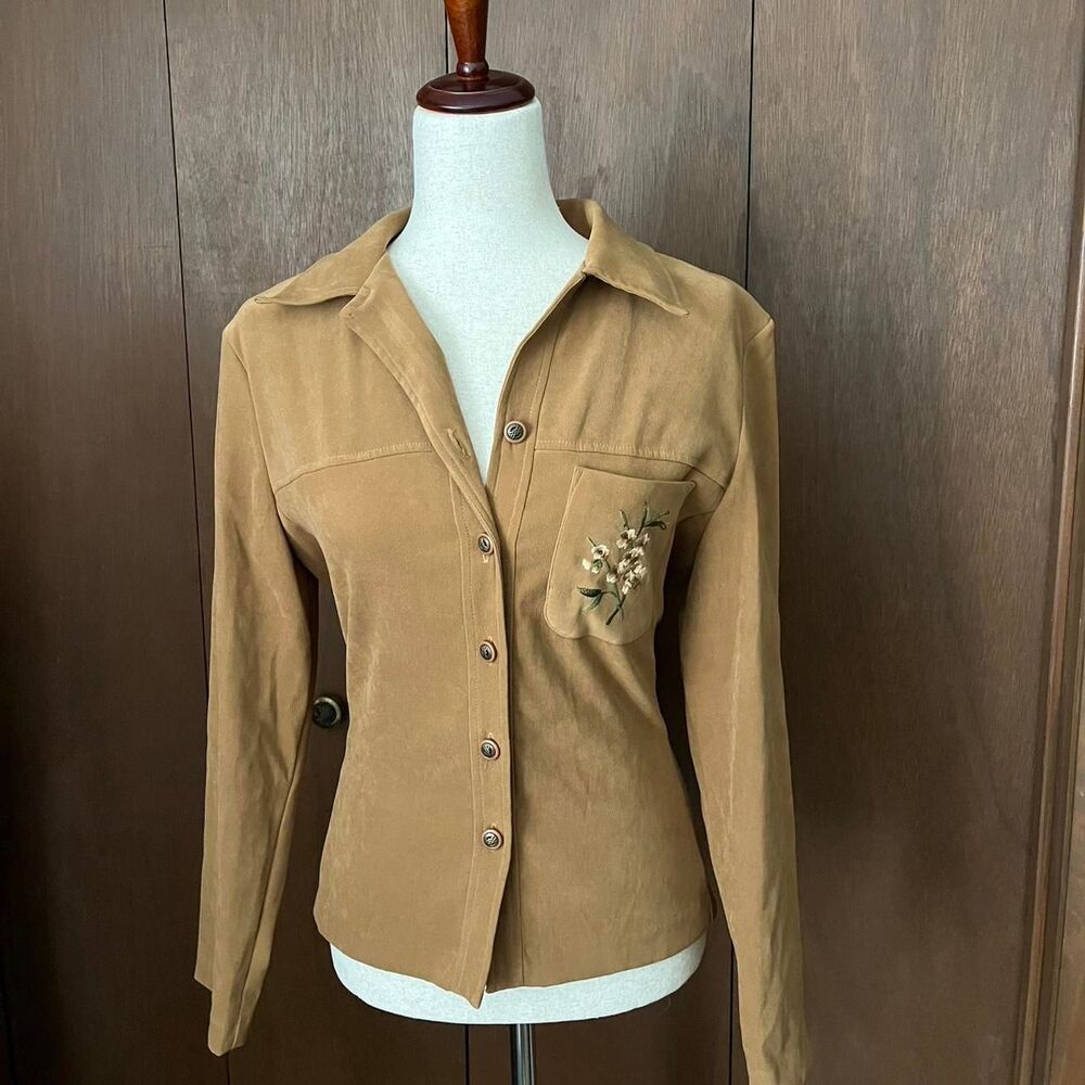 VTG Tan Faux Suede Floral Embroidery Tie Back Jacket
